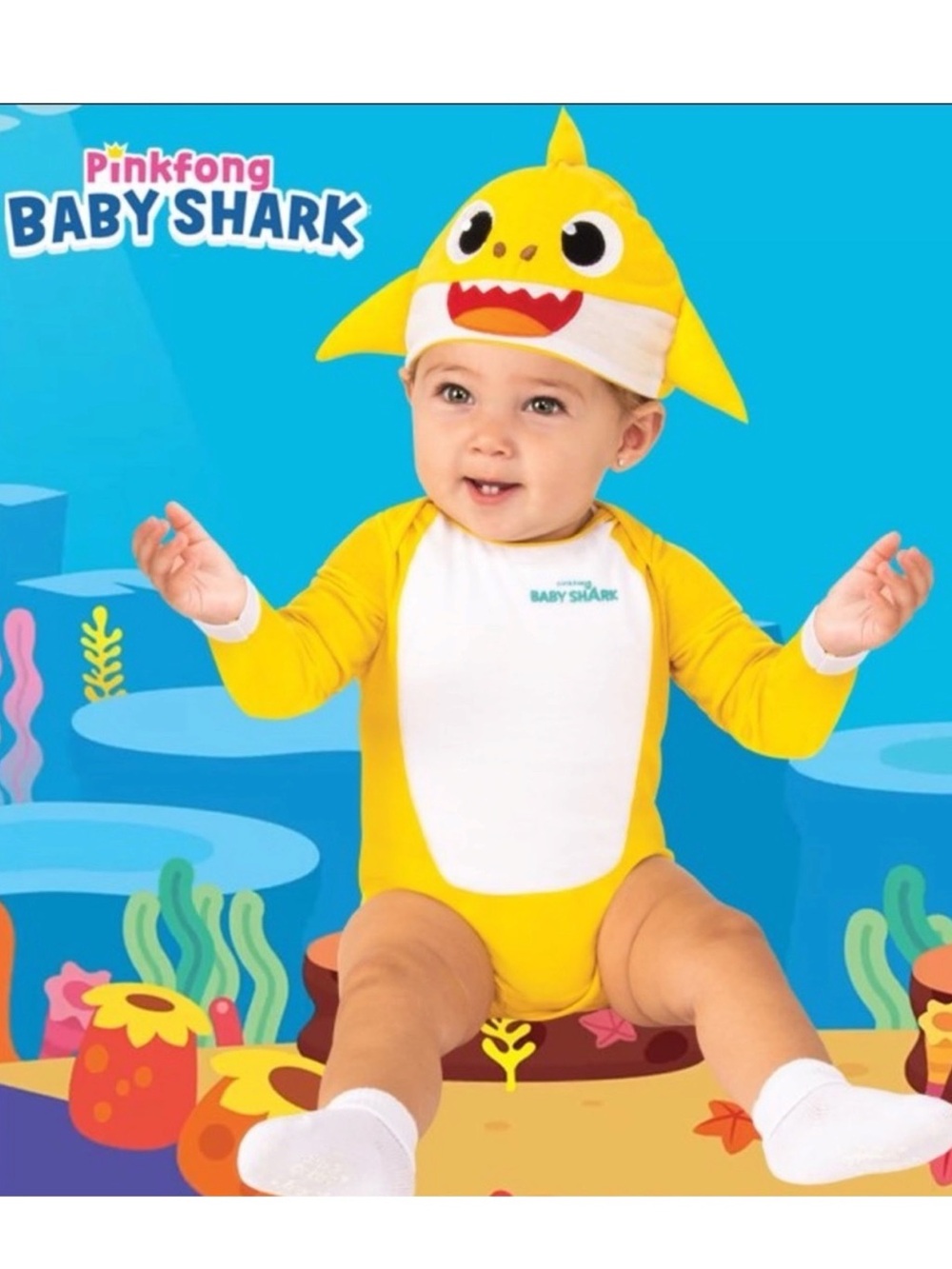 Pinkfong Baby Shark Costume Romper Onesie with Headpiece Yellow Infant 0-6 Mo - Picture 1 of 16